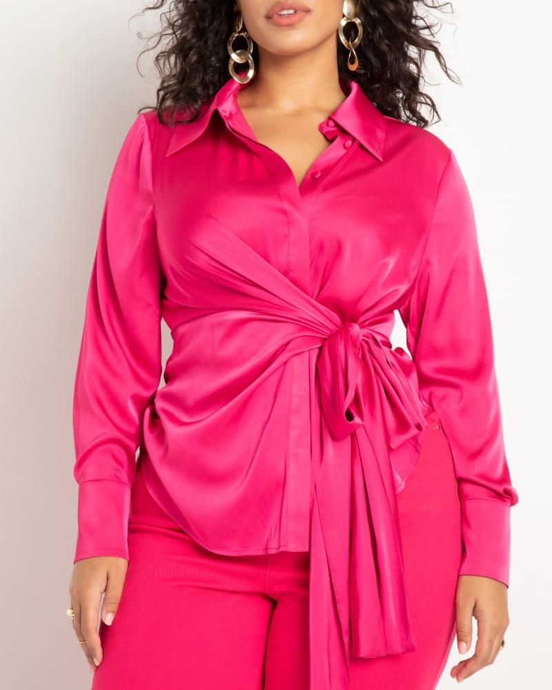 Front of a model wearing a size 20 Satin Collared Blouse with Bow in Hot Pink by ELOQUII. | dia_product_style_image_id:272989